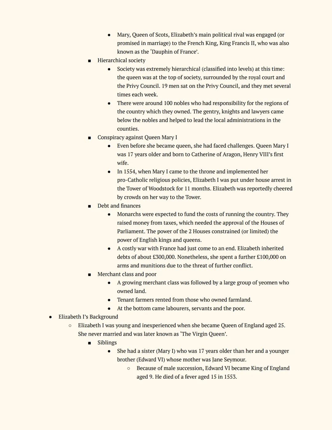 History GCSE
Elizabethan England
Notes
Elizabeth's Court and Parliament
Elizabeth I and her Court
Elizabeth's Accession
● The Situation on E