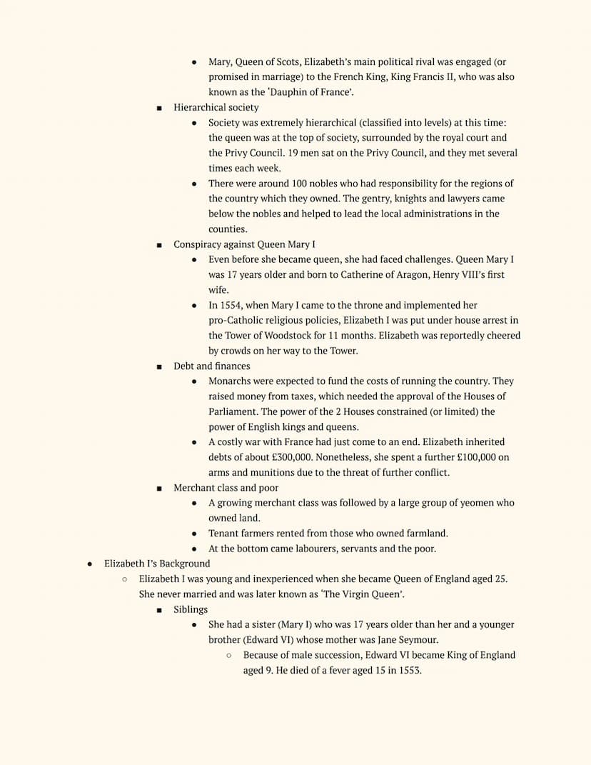 History GCSE
Elizabethan England
Notes
Elizabeth's Court and Parliament
Elizabeth I and her Court
Elizabeth's Accession
● The Situation on E