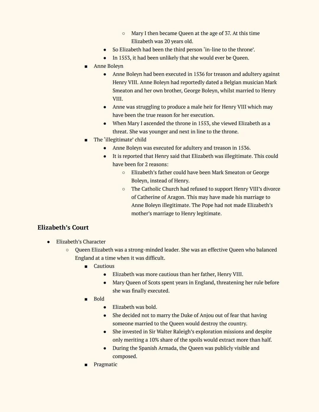 History GCSE
Elizabethan England
Notes
Elizabeth's Court and Parliament
Elizabeth I and her Court
Elizabeth's Accession
● The Situation on E