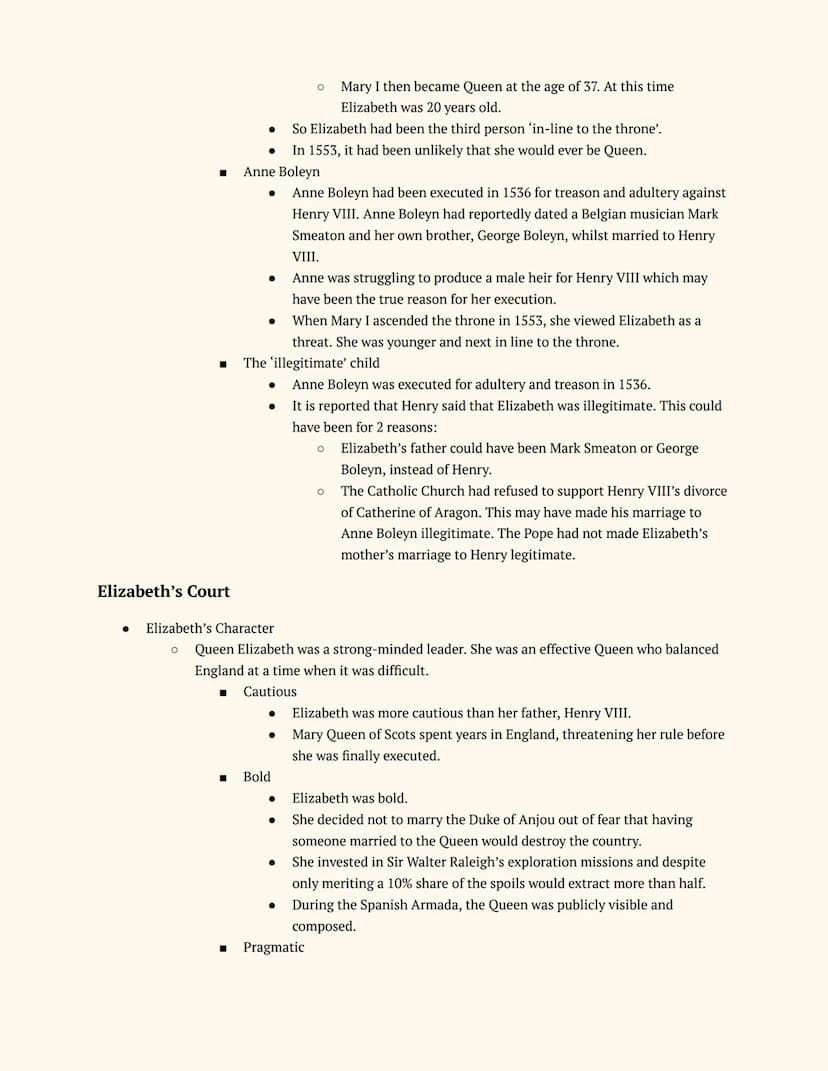 History GCSE
Elizabethan England
Notes
Elizabeth's Court and Parliament
Elizabeth I and her Court
Elizabeth's Accession
● The Situation on E