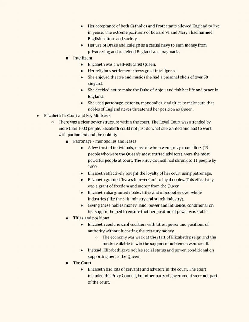 History GCSE
Elizabethan England
Notes
Elizabeth's Court and Parliament
Elizabeth I and her Court
Elizabeth's Accession
● The Situation on E