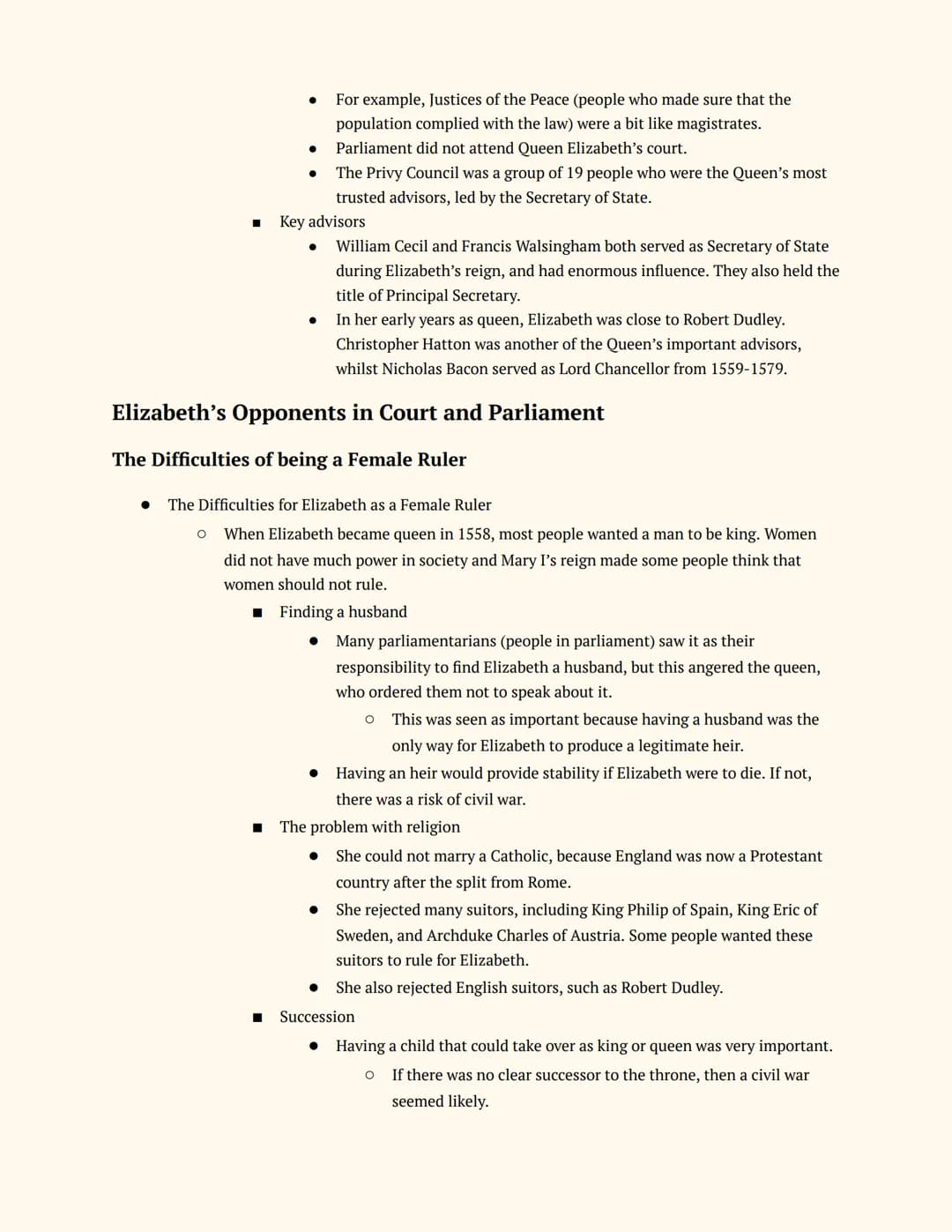 History GCSE
Elizabethan England
Notes
Elizabeth's Court and Parliament
Elizabeth I and her Court
Elizabeth's Accession
● The Situation on E