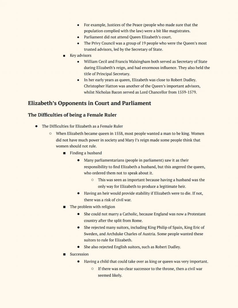 History GCSE
Elizabethan England
Notes
Elizabeth's Court and Parliament
Elizabeth I and her Court
Elizabeth's Accession
● The Situation on E