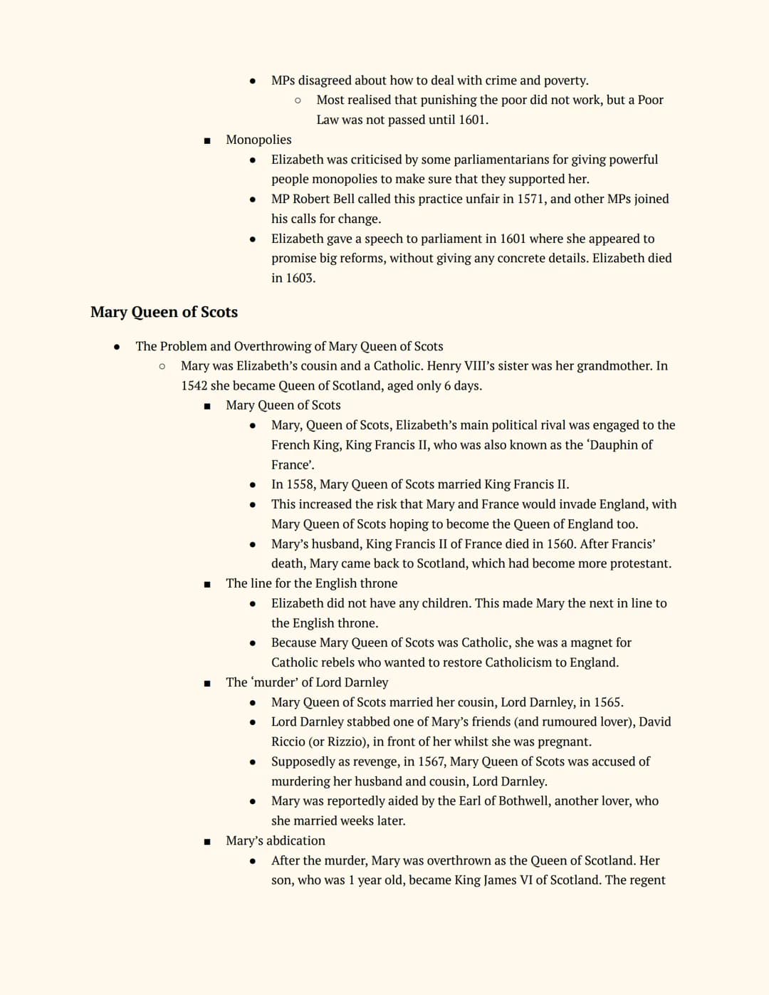 History GCSE
Elizabethan England
Notes
Elizabeth's Court and Parliament
Elizabeth I and her Court
Elizabeth's Accession
● The Situation on E