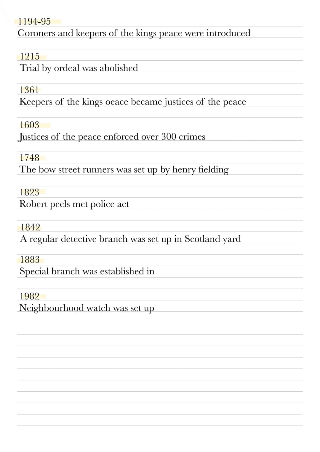 Key dates for crime and punishment unit
Key
Crimes
Punishments
Law enforcement
1070
Murdrum laws were introduced
1072
Forrest laws were intr