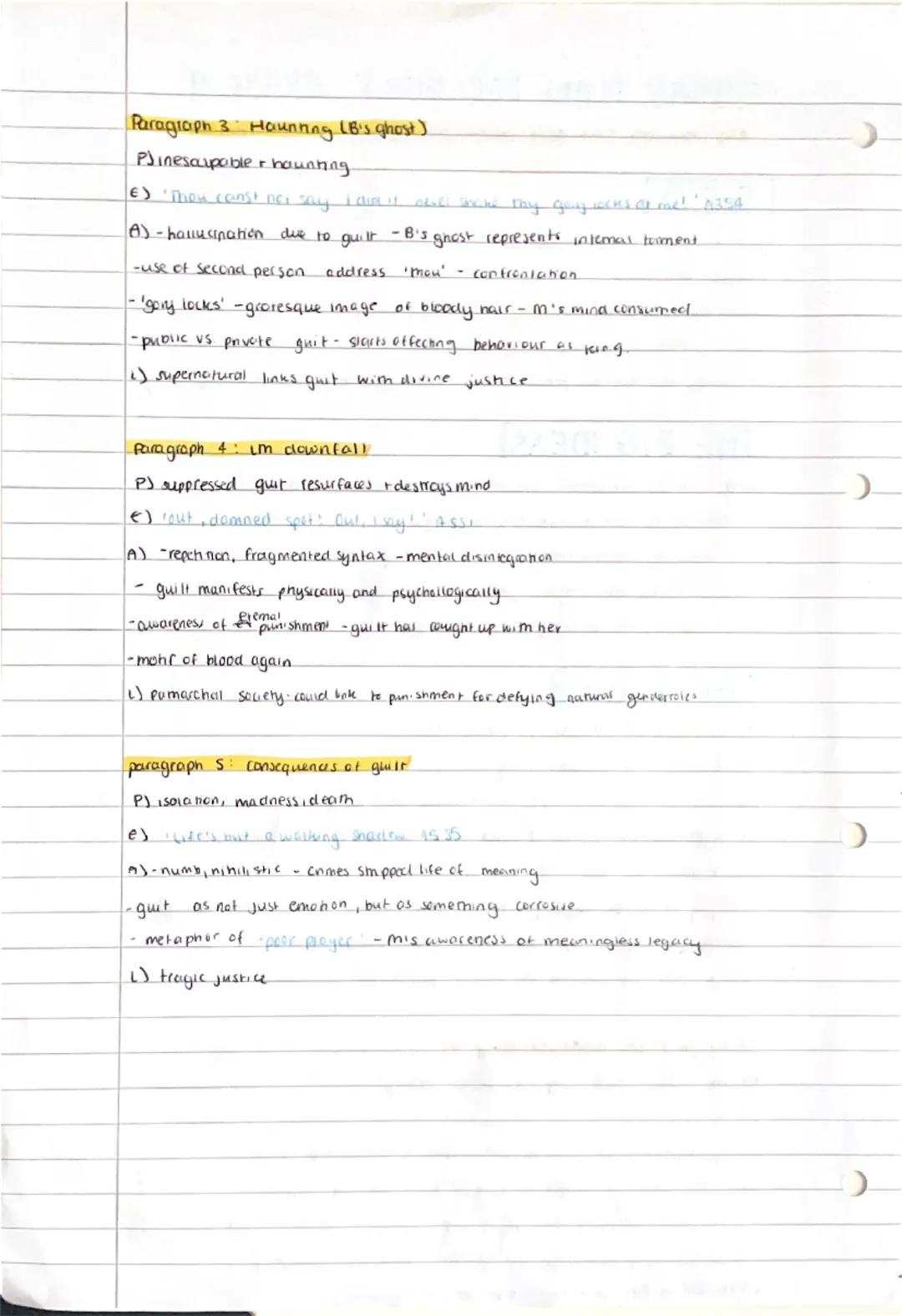 ESSAY PLAN FOR GUILT GRADE 9
eg. How does Shakespeare present the theme of Guilt in moctem?
THESIS
guilt as powerful and psychologically des