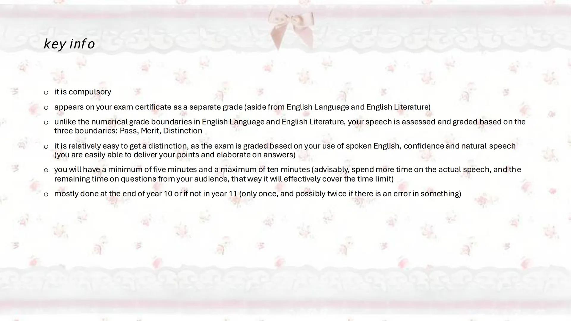 GCSE English Speaking exam tips!! key info
• it is compulsory
o appears on your exam certificate as a separate grade (aside from English Lan