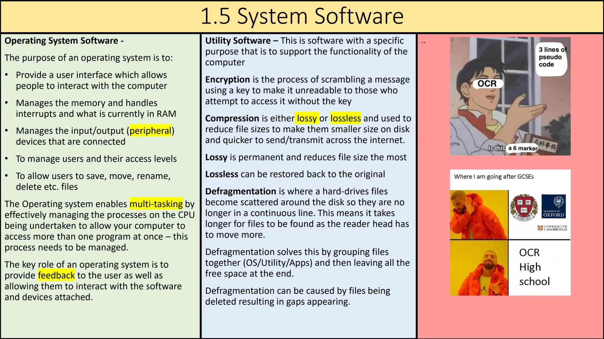 1.1 Systems Architecture Revision Slide:
Von Neumann Architecture is the stored program
concept where instructions are moving between
memory