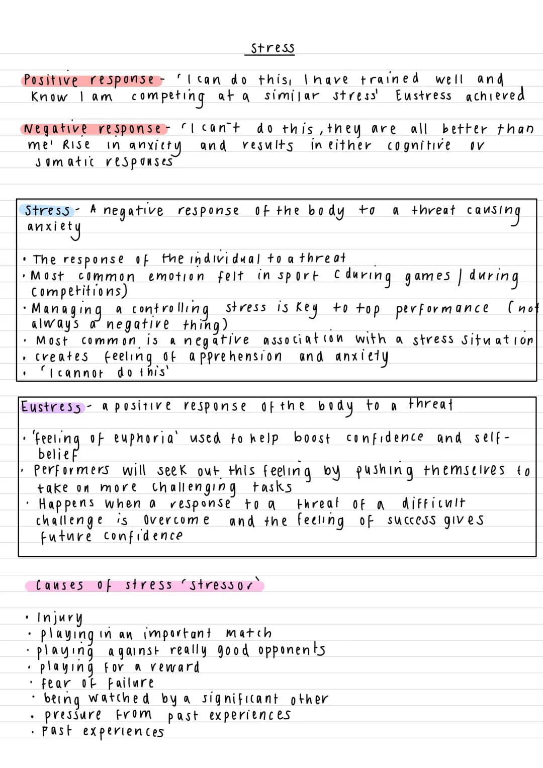 Positive response - 'I can do this, I have trained well and
know I am competing at a similar stress' Eustress achieved
Negative response- "I