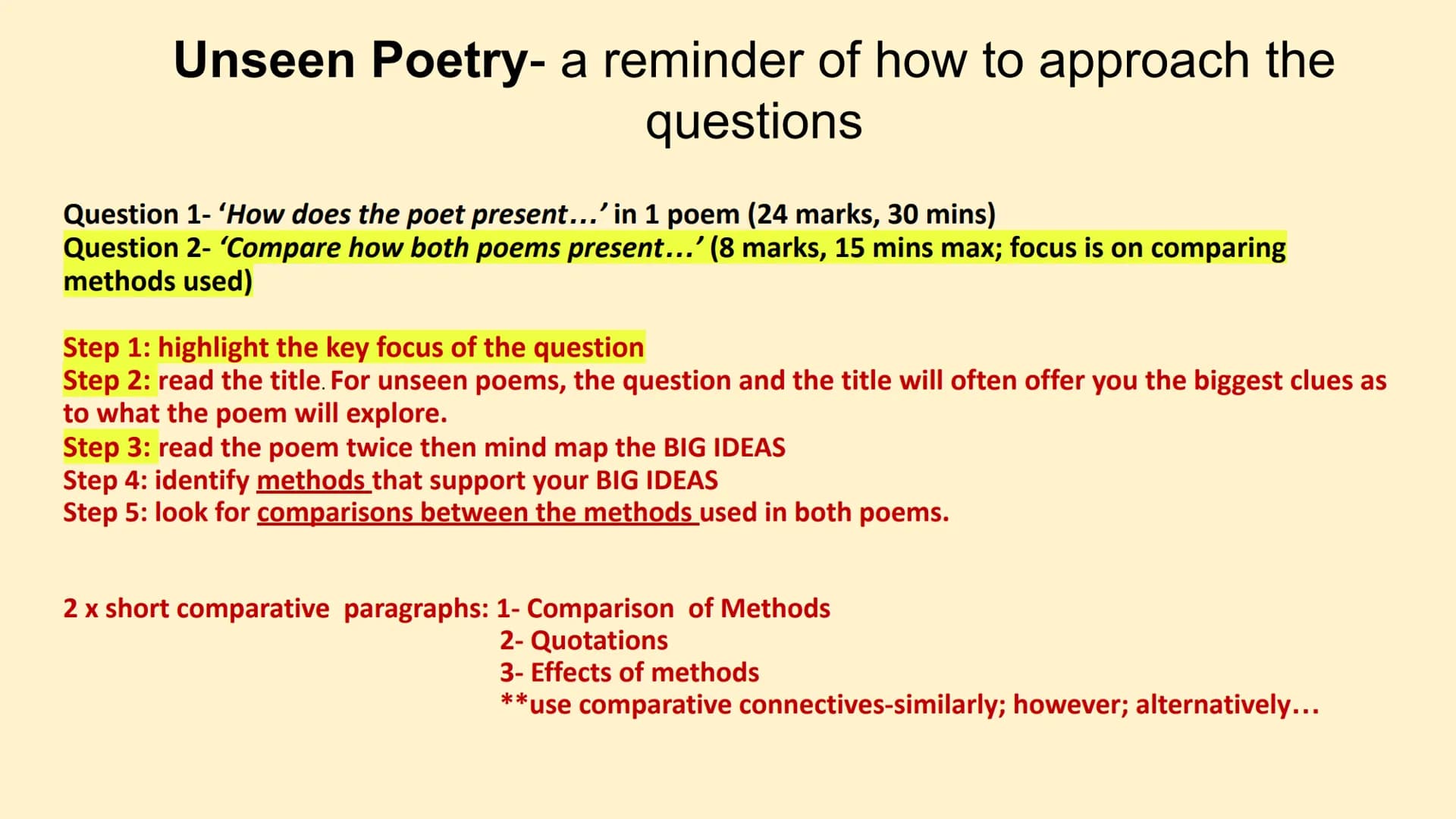 Unseen Poetry- a reminder of how to approach the
questions
Question 1- 'How does the poet present...' in 1 poem (24 marks, 30 mins)
Question