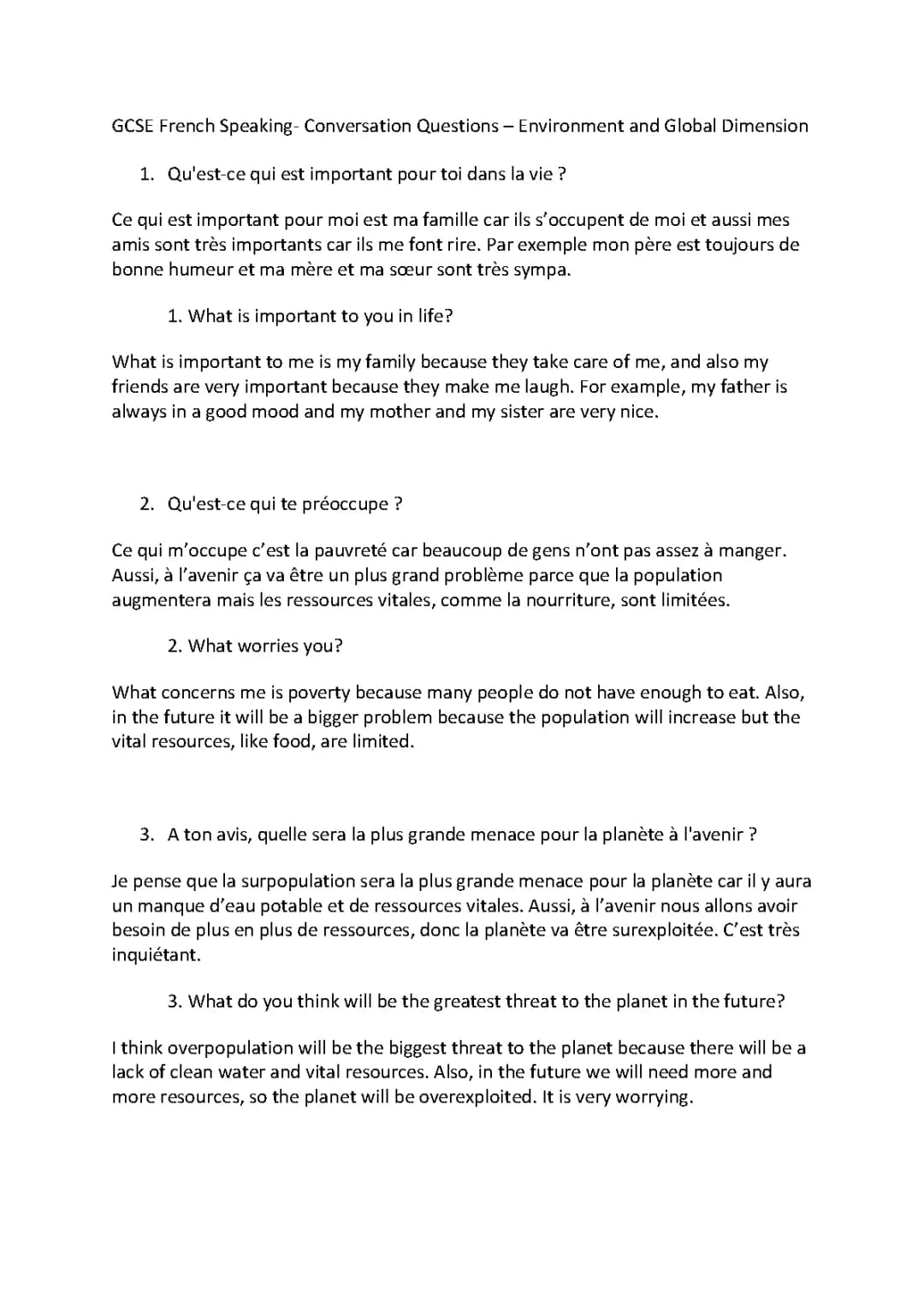 Questions et réponses de conversation en français pour l'environnement GCSE
