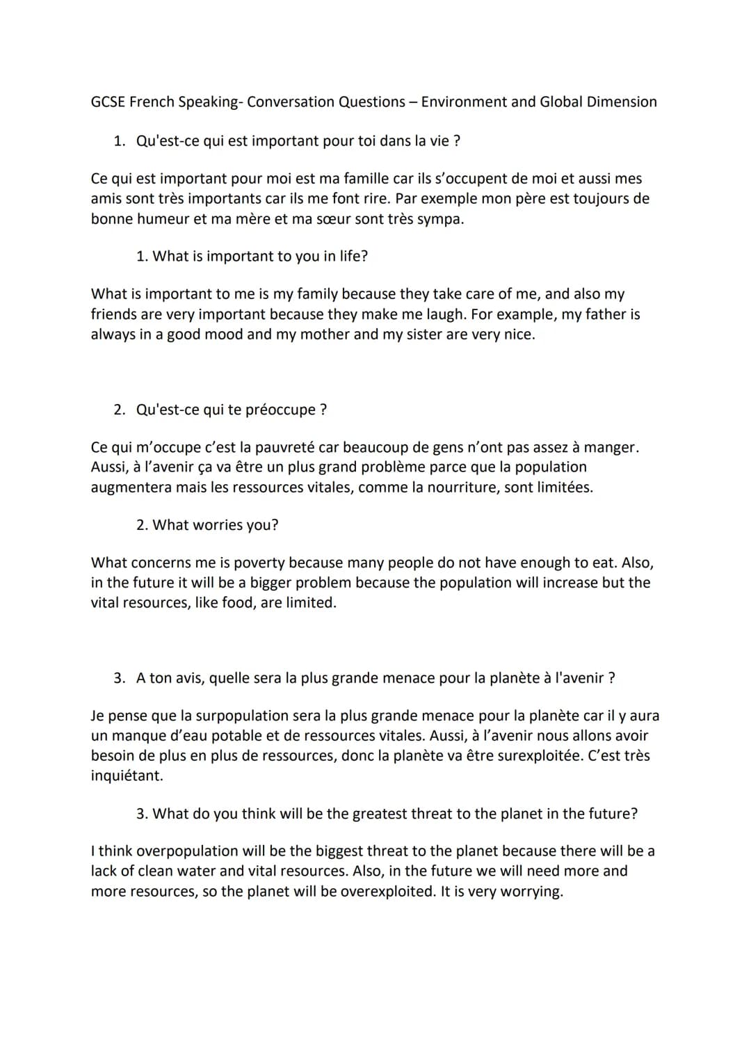 GCSE French Speaking- Conversation Questions - Environment and Global Dimension
1. Qu'est-ce qui est important pour toi dans la vie ?
Ce qui