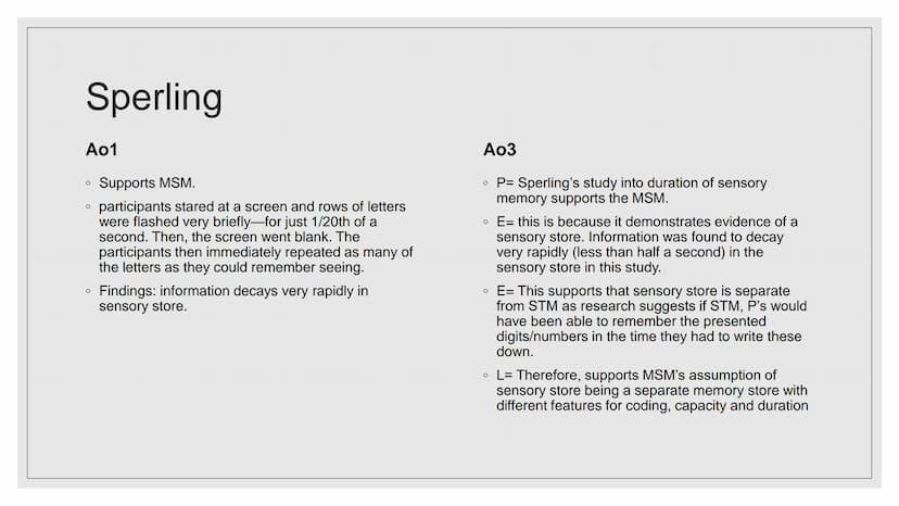 MULTI-STORE MODEL
OF MEMORY (MSM)
EVALUATION AO3
966 Glanzer and Cunitz 1966
Ao1
• This research supports the MSM
• Procedure: participants 