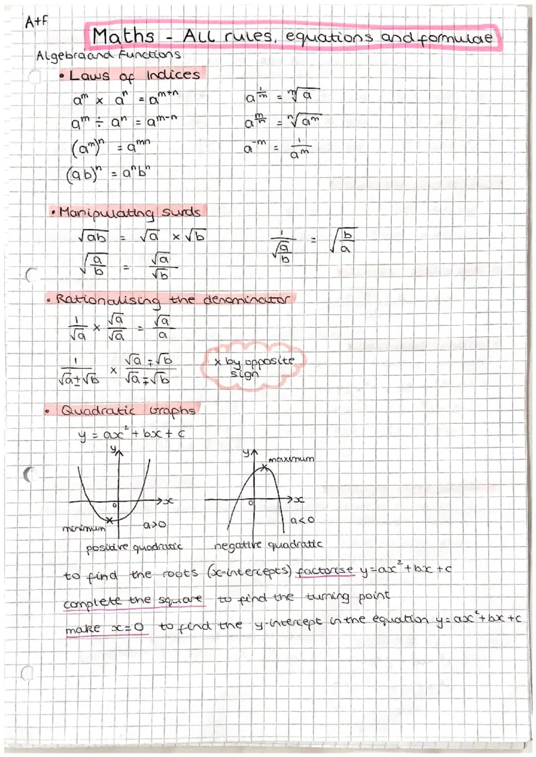 A+F
Maths All rules, equations and formulae
♥
Algebraand Functions
• Laws of Indices
am xa amen
am anam-n
=
(am)n = amn
(ab)" = a^bh
• Manip