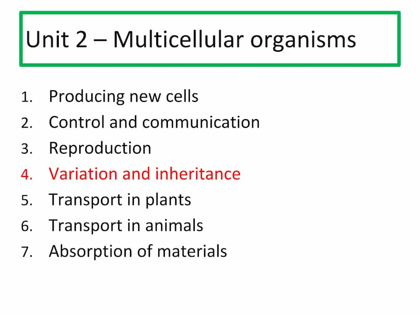 N5 Unit 2 KA4
Variation and Inheritance N5 biology course
1. Cell Biology
2.
3. Life on Earth
Multicellular Organisms Unit 2 - Multicellular