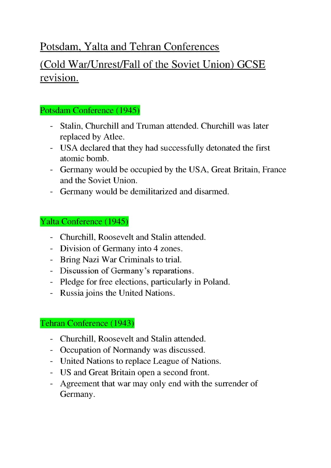 Cold War Conferences GCSE Revision: Potsdam, Yalta, Tehran Summary PDF