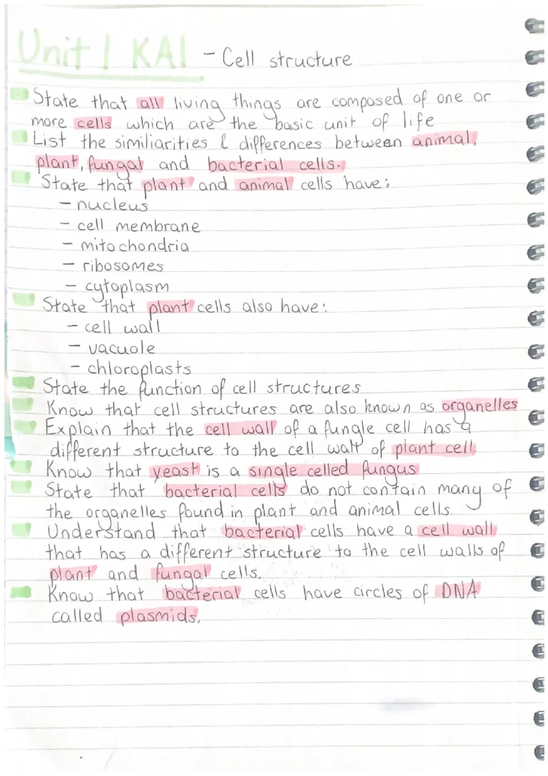 Unit | KAI - Cell structure
State that all living things are composed of one or
more cells which are the basic unit of life
List the similia