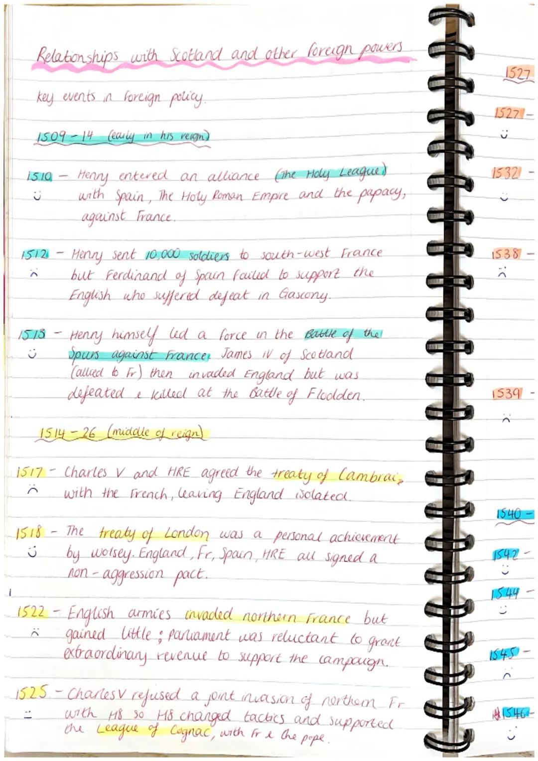 Relationships with Scotland and other foreign powers

key events in foreign policy.

1509-14 (early in his reign)

1510 - Henry entered an a