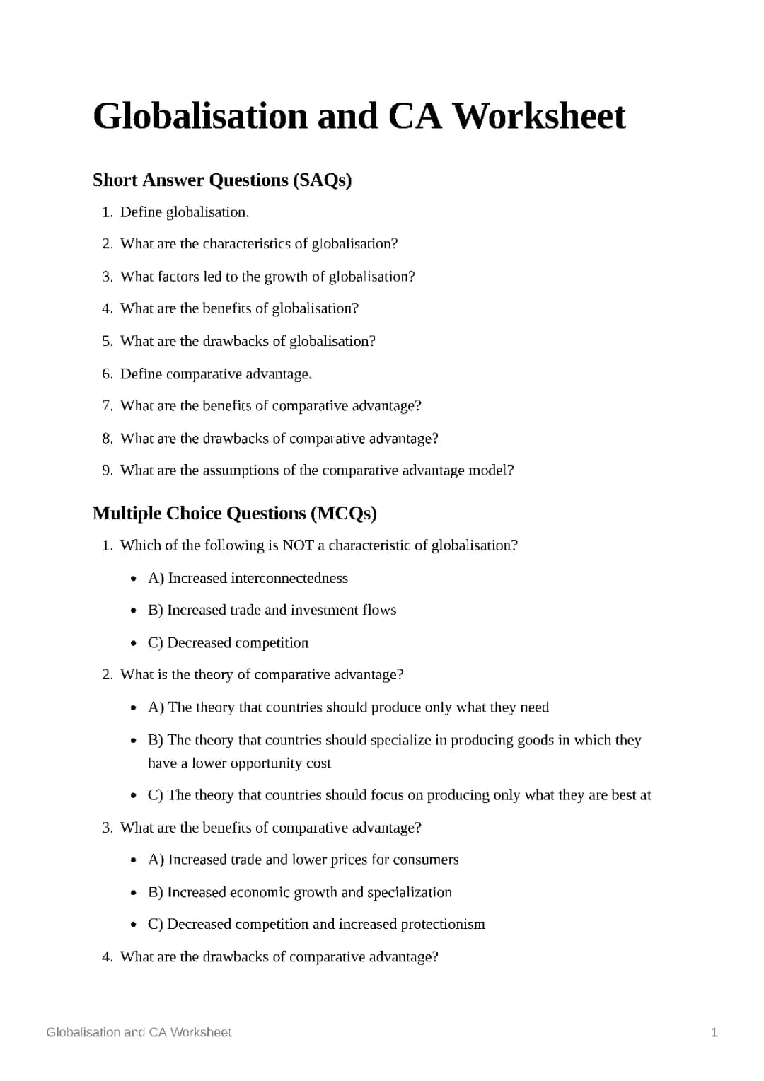 Globalisation and Comparative Advantage Worksheet A-Level Economics  