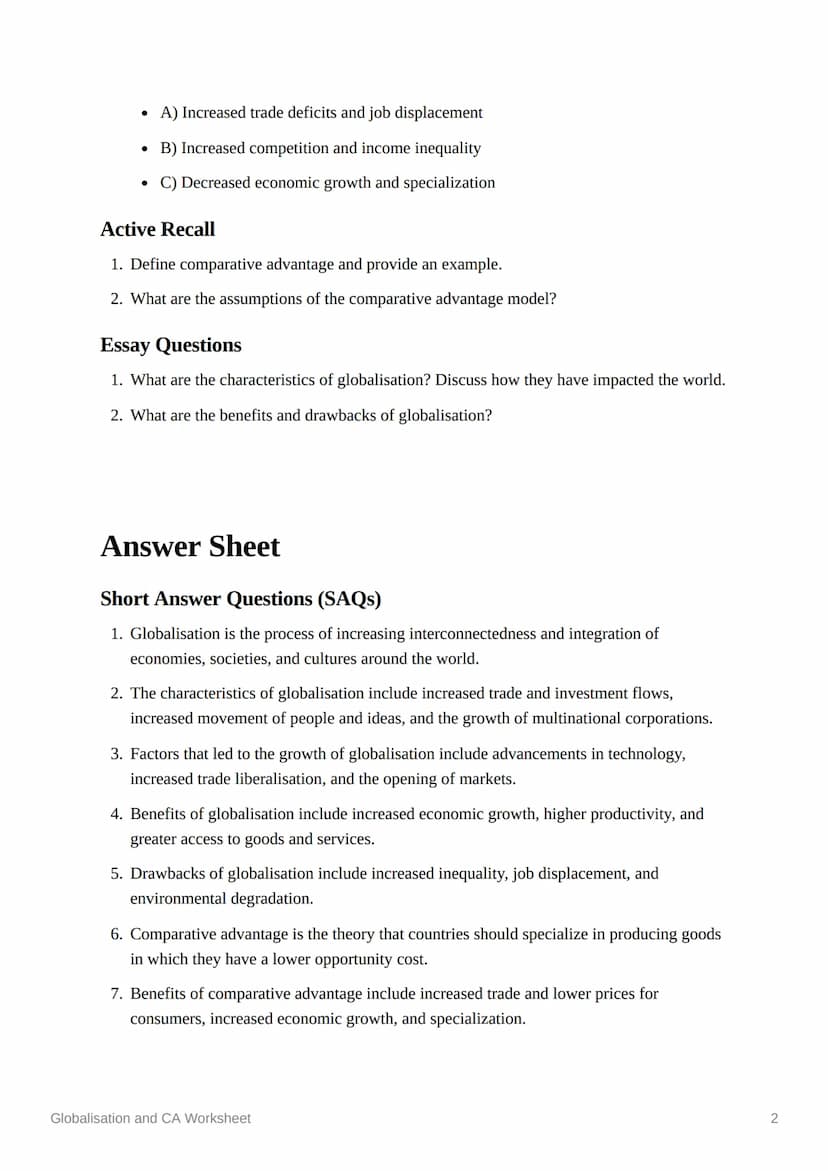 Globalisation and CA Worksheet
Short Answer Questions (SAQs)
1. Define globalisation.
2. What are the characteristics of globalisation?
3. W