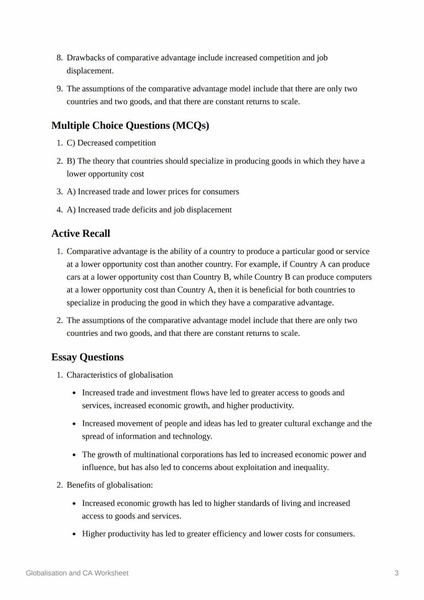 Globalisation and CA Worksheet
Short Answer Questions (SAQs)
1. Define globalisation.
2. What are the characteristics of globalisation?
3. W