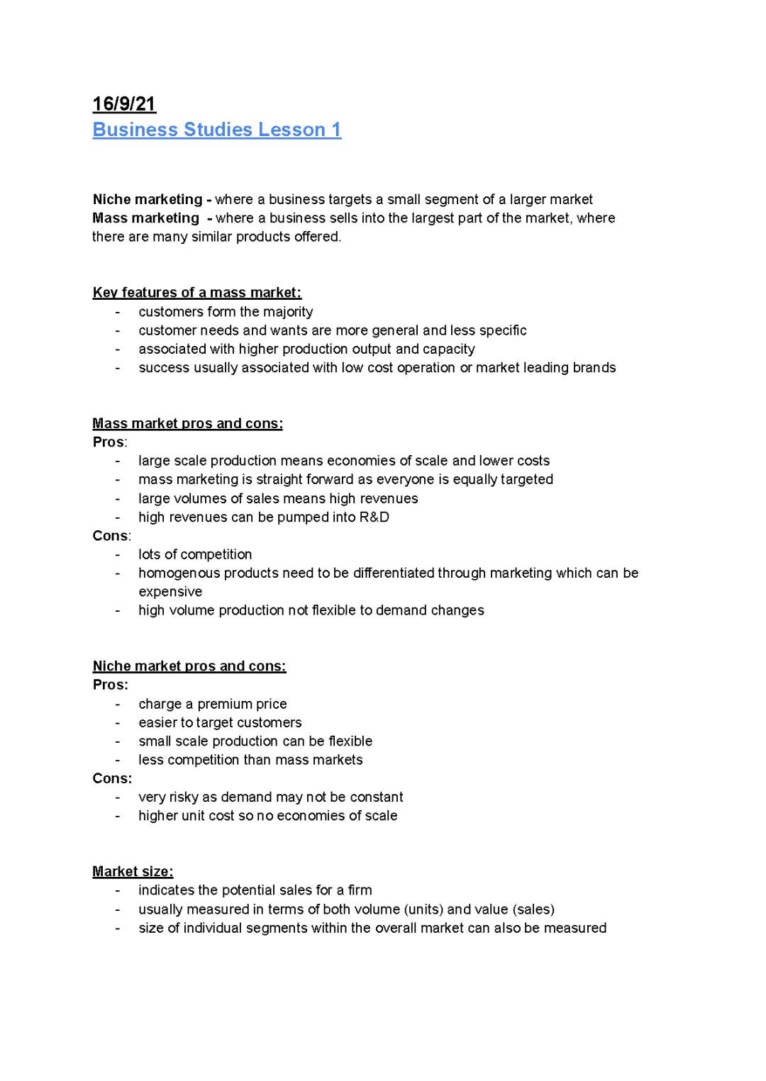 Business Studies - Niche and Mass Marketing 