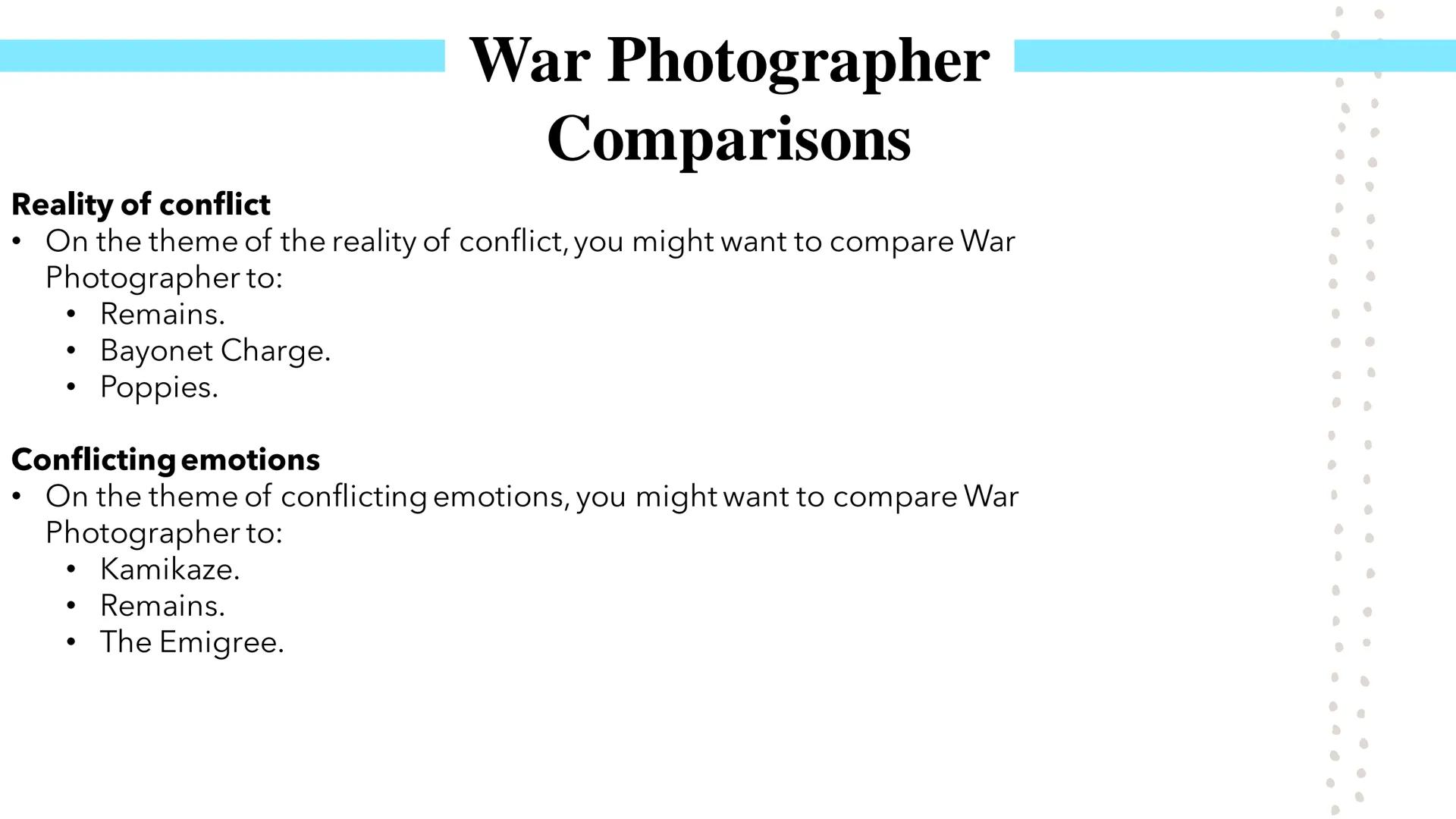 # War Photographer
Poetry GCSEs # War Photographer

Poet:

*   Carol Ann Duffy is a Scottish poet who was appointed Britain's Poet Laureate 