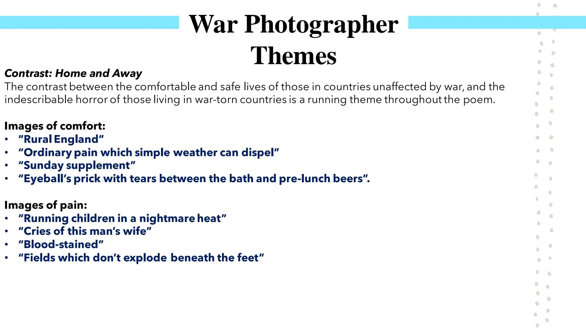 # War Photographer
Poetry GCSEs # War Photographer

Poet:

*   Carol Ann Duffy is a Scottish poet who was appointed Britain's Poet Laureate 
