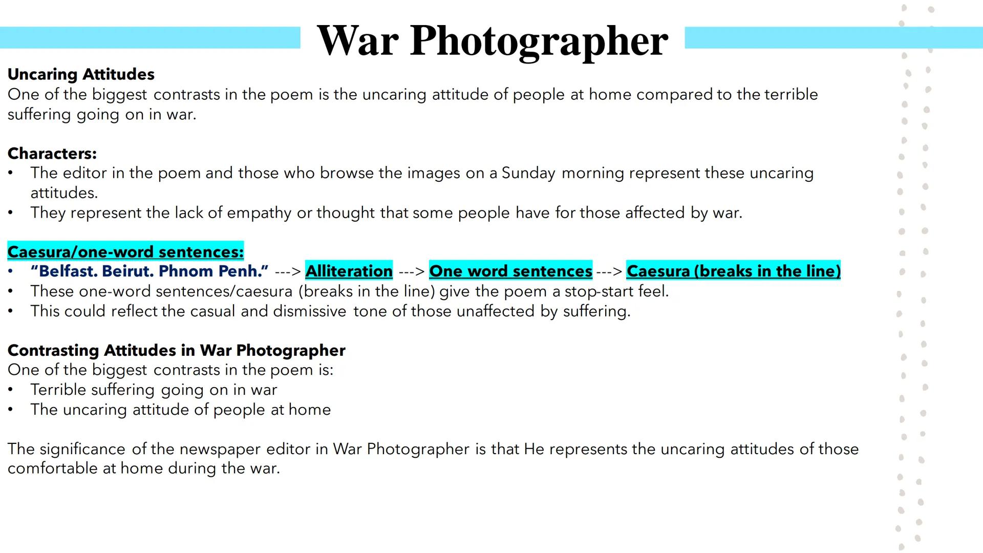 # War Photographer
Poetry GCSEs # War Photographer

Poet:

*   Carol Ann Duffy is a Scottish poet who was appointed Britain's Poet Laureate 