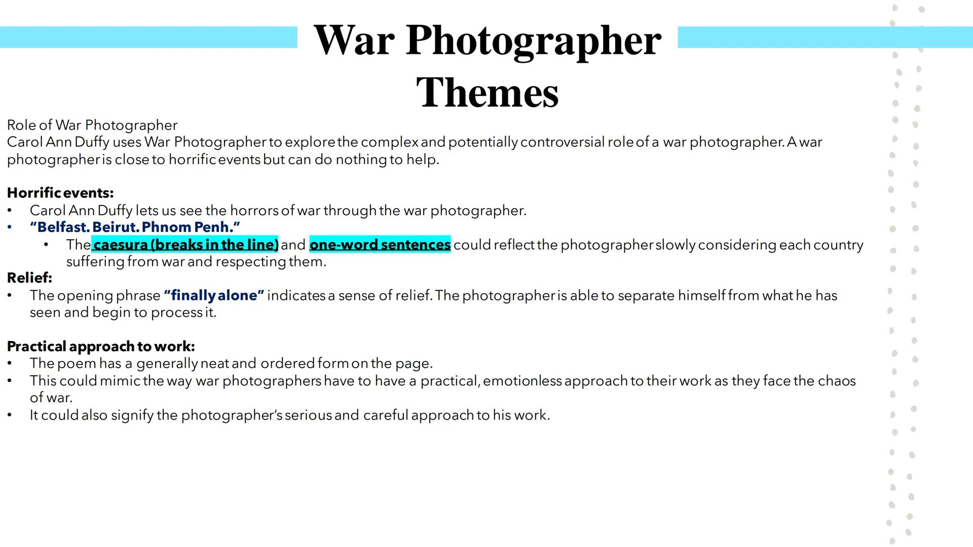 # War Photographer
Poetry GCSEs # War Photographer

Poet:

*   Carol Ann Duffy is a Scottish poet who was appointed Britain's Poet Laureate 