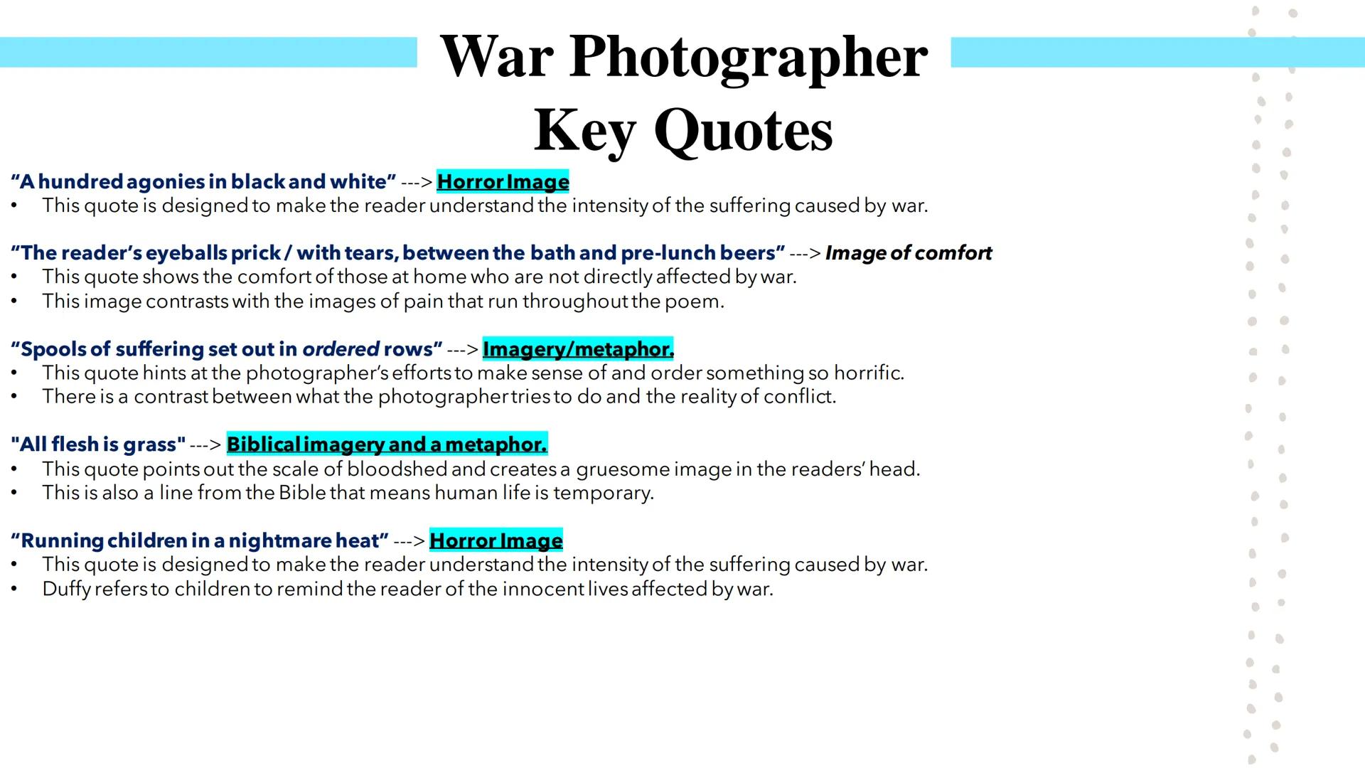 # War Photographer
Poetry GCSEs # War Photographer

Poet:

*   Carol Ann Duffy is a Scottish poet who was appointed Britain's Poet Laureate 