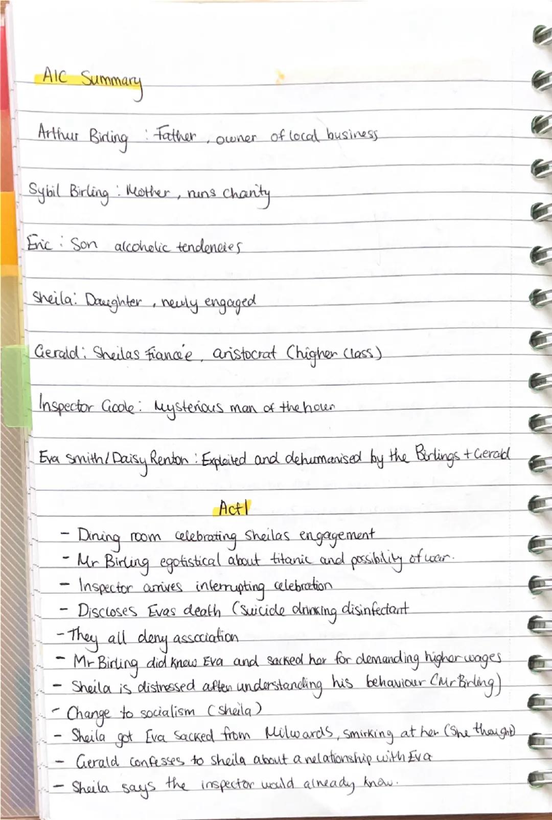 AIC Summary
Arthur Birling: Father, owner of local business
Sybil Birling: Mother, nuns chanty
Eric : Son alcoholic tendencies
Sheila: Daugh