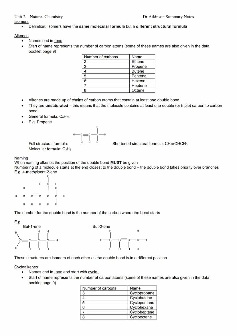 Unit 2 Natures Chemistry
Hydrocarbons Topic Summary Sheet
●
●
●
●
●
●
Alkanes
●
●
● Names end in -ane
●
●
●
Hydrocarbons are compounds conta