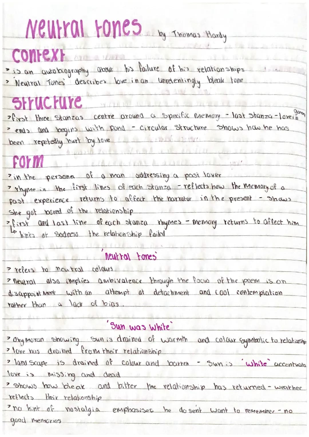 
<h2 id="context">Context</h2>
<p>The poem "Neutral Tones" by Thomas Hardy reflects on the failure of his relationships. It can be seen as s