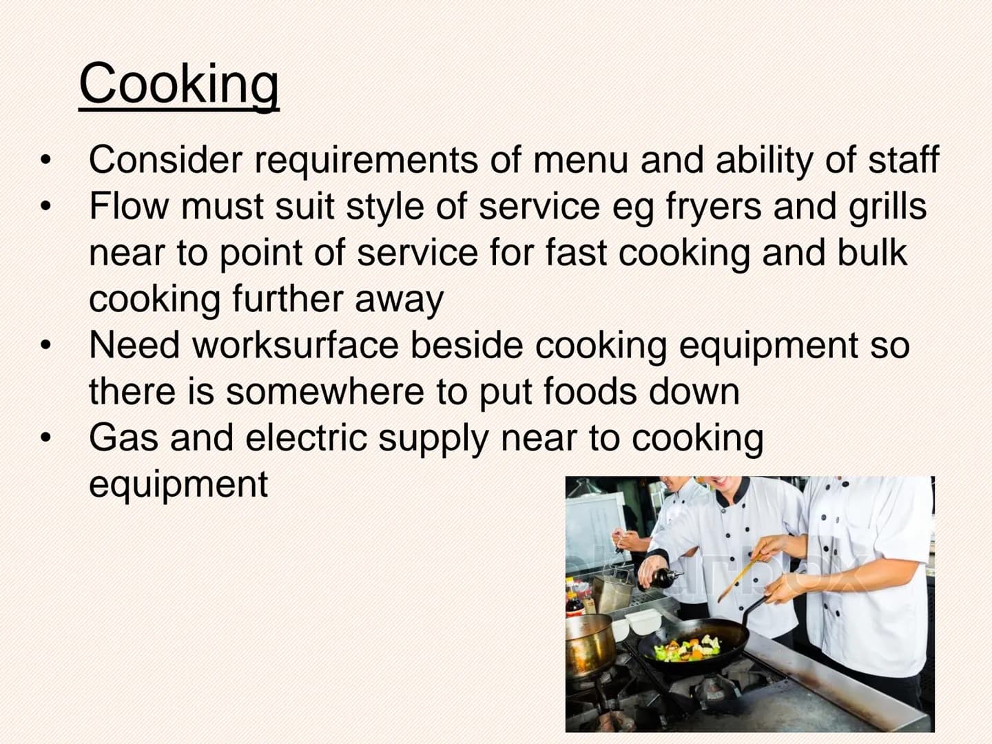 AC2.1
Describe the operation of the
kitchen
●
●
●
layout;
work flow;
operational activities;
equipment and materials;
stock control;
documen