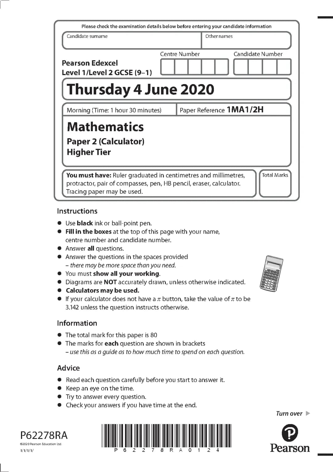 Edexcel GCSE Maths June 2020 Paper 2 Mark Scheme and Answers