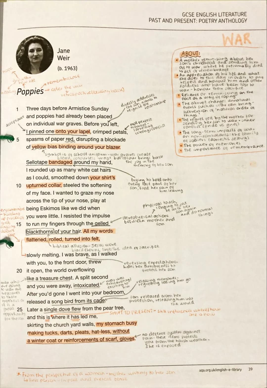 Poppies- Power and Conflict annotated poem