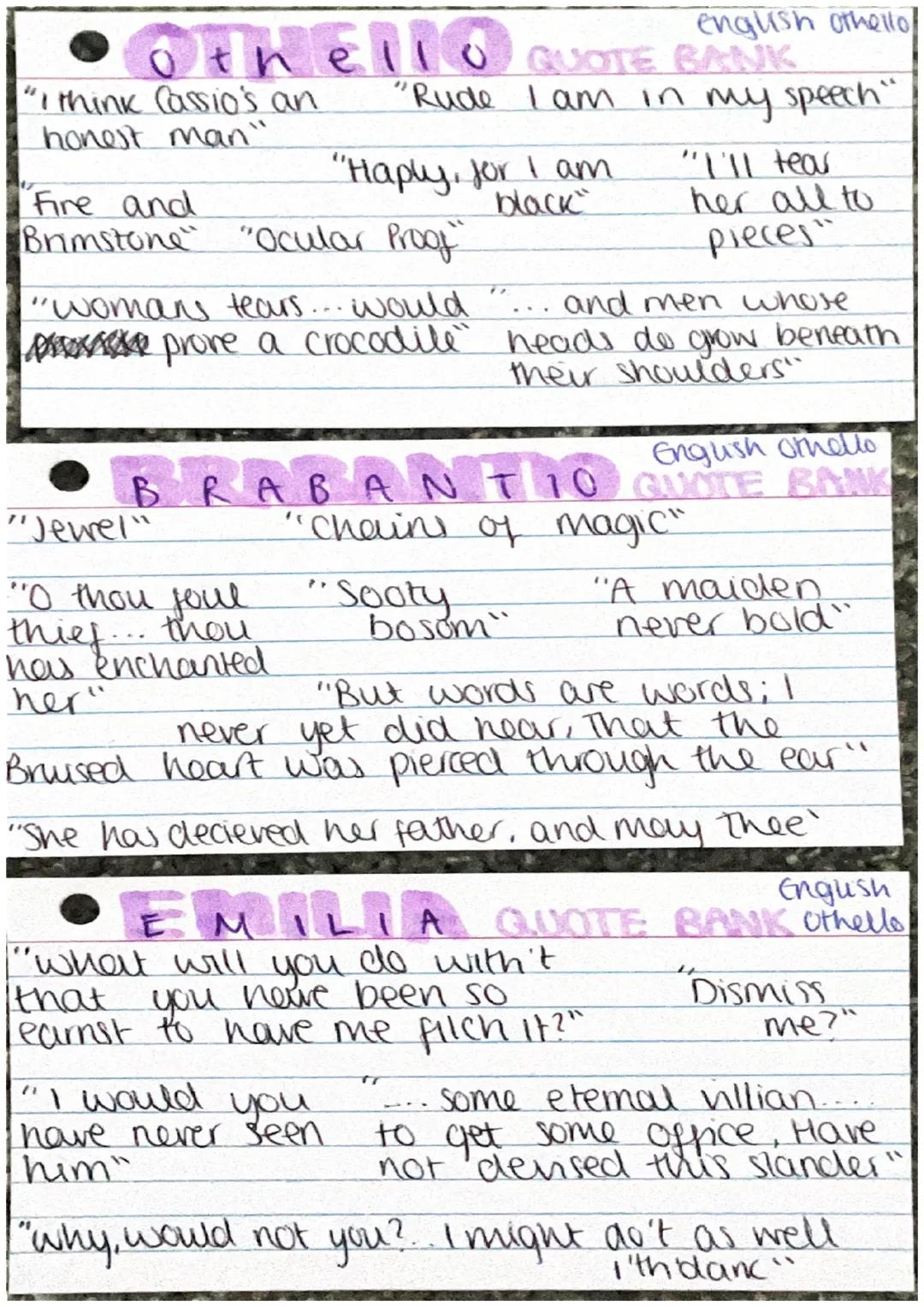 - IAGO
English
QUOTE BANK Othello
"put money in thy purse" "tum her virtue into
pitch"
Enmesh them all" "Now very now, an old
black ram is t