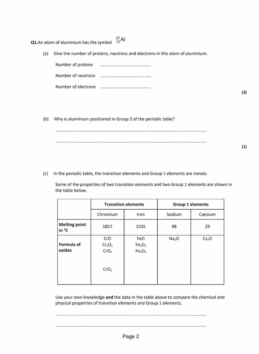 Q1. Use the periodic table and the information in the table below to help you to answer the questions.
The table shows part of an early vers