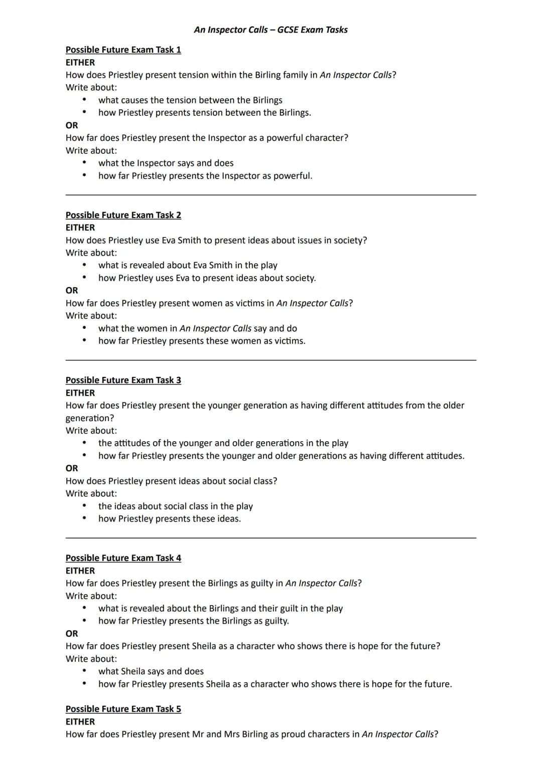 Possible Future Exam Task 1
EITHER
How does Priestley present tension within the Birling family in An Inspector Calls?
Write about:
An Inspe