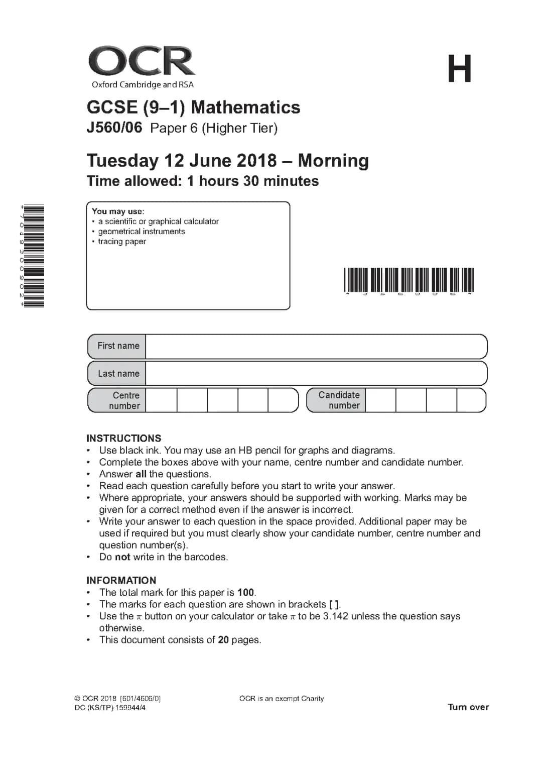 GCSE OCR Maths Paper 6 Higher 2018: Questions, Answers & Mark Schemes