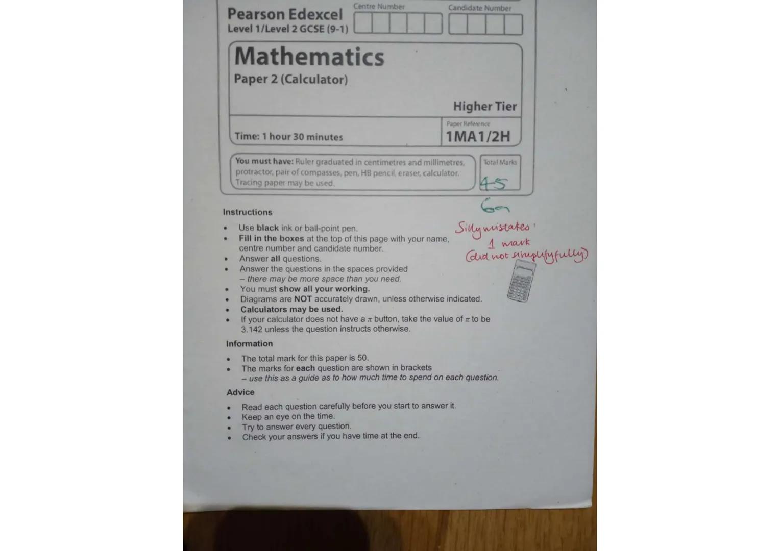 Pearson Edexcel
Level 1/Level 2 GCSE (9-1)
.
●
Instructions
•
Mathematics
Paper 2 (Calculator)
Time: 1 hour 30 minutes
Centre Number
.
Candi