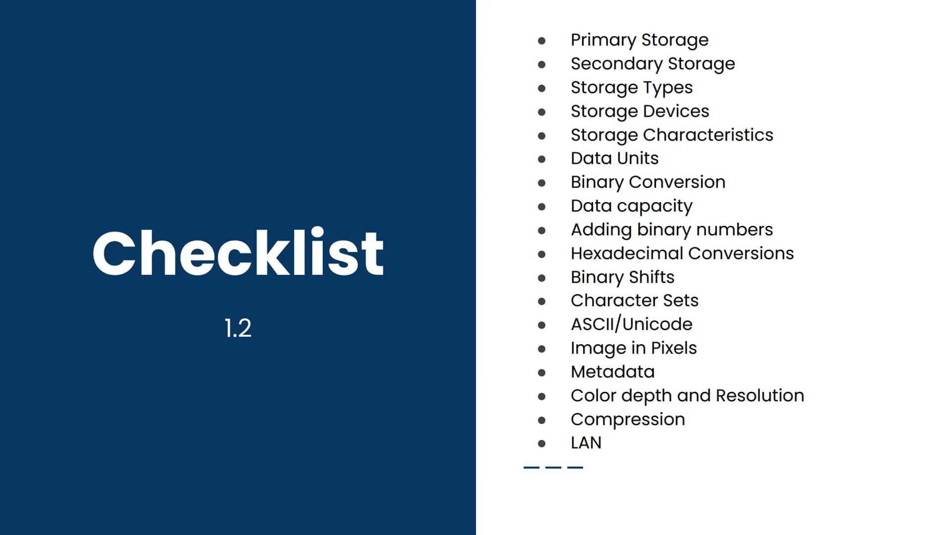 OCR GCSE J277 1.2
Summary: Memory and Storage Checklist
1.2
Primary Storage
Secondary Storage
Storage Types
Storage Devices
Storage Characte