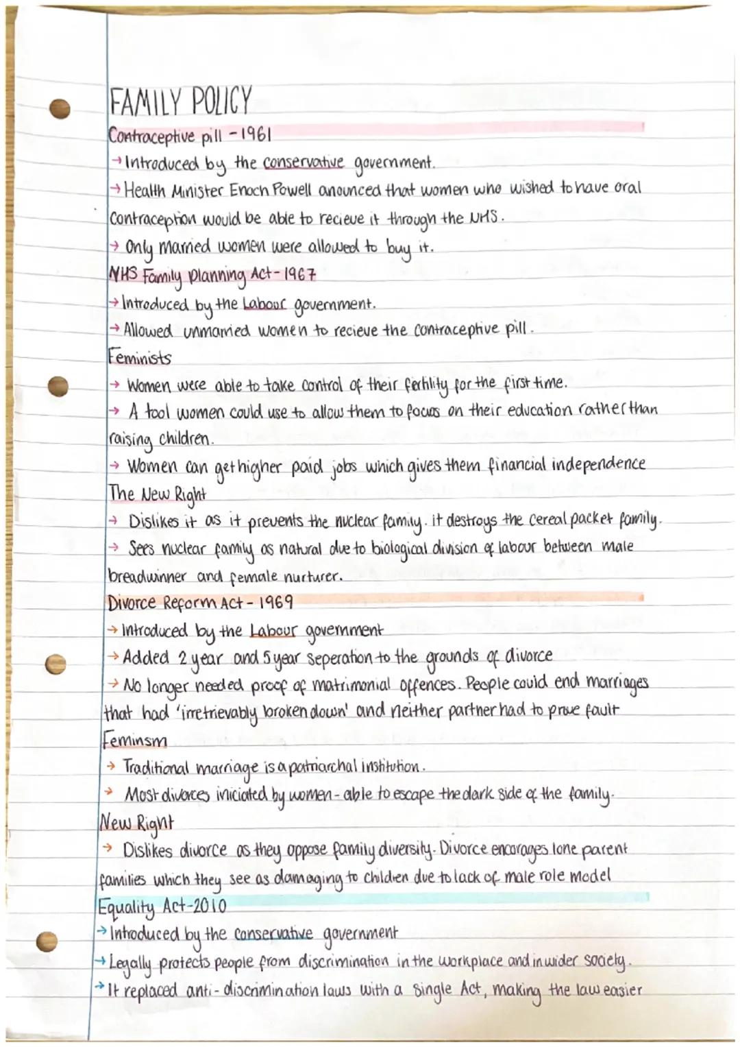 FAMILY POLICY
Contraceptive pill - 1961
→ Introduced by the conservative government..
→Health Minister Enoch Powell anounced that women who 