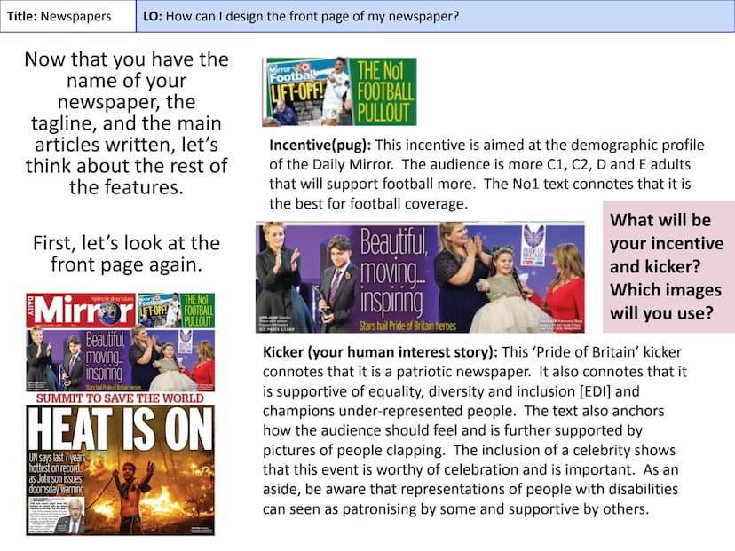 Title: Newspapers
LO: How do newspapers use language for purpose?
Masthead
The title block of the
newspaper
Kicker
An article linked to a st