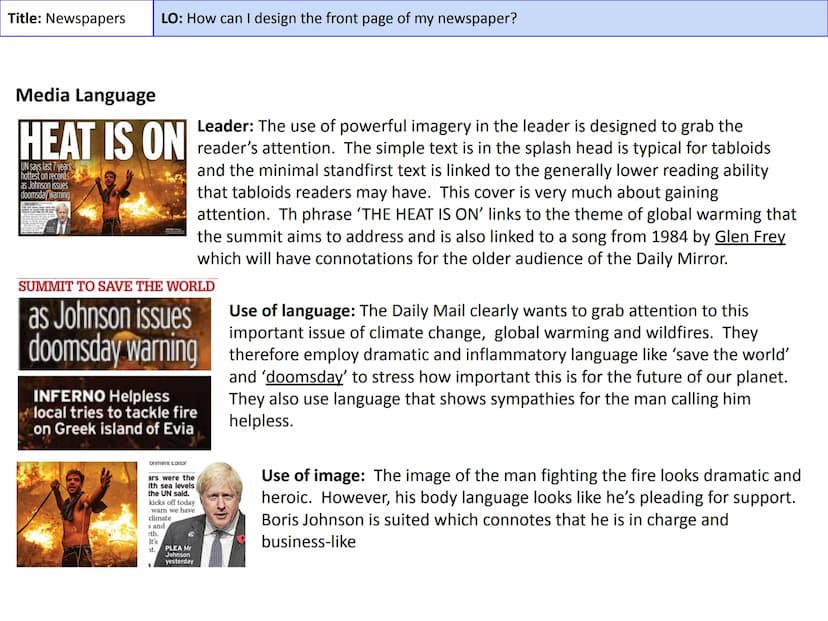 Title: Newspapers
LO: How do newspapers use language for purpose?
Masthead
The title block of the
newspaper
Kicker
An article linked to a st