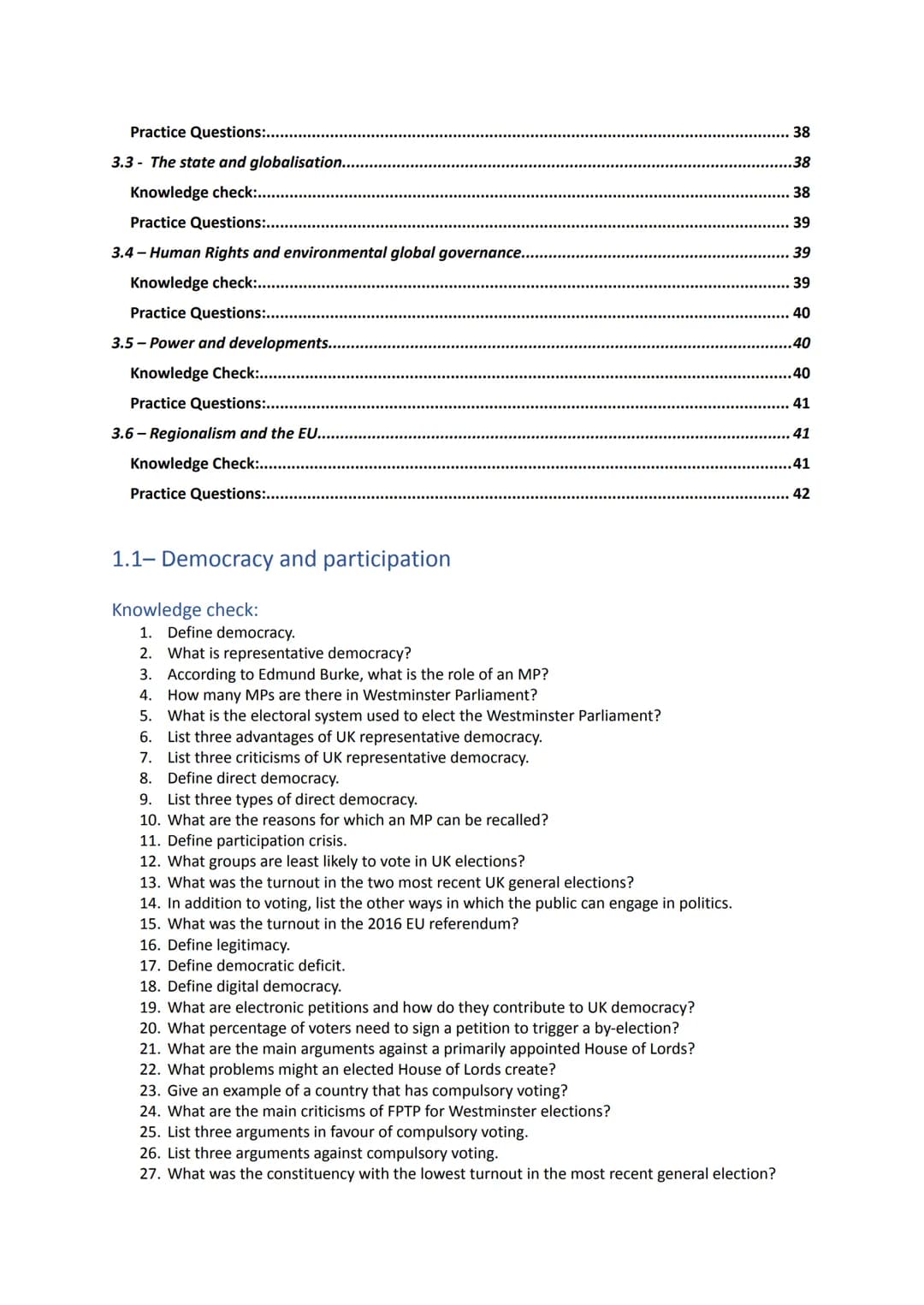 --- OCR Start ---
Table of Contents
..
..
1.1- Democracy and participation..
Knowledge check:......
1
Source Questions:.
2
Exam questions:..