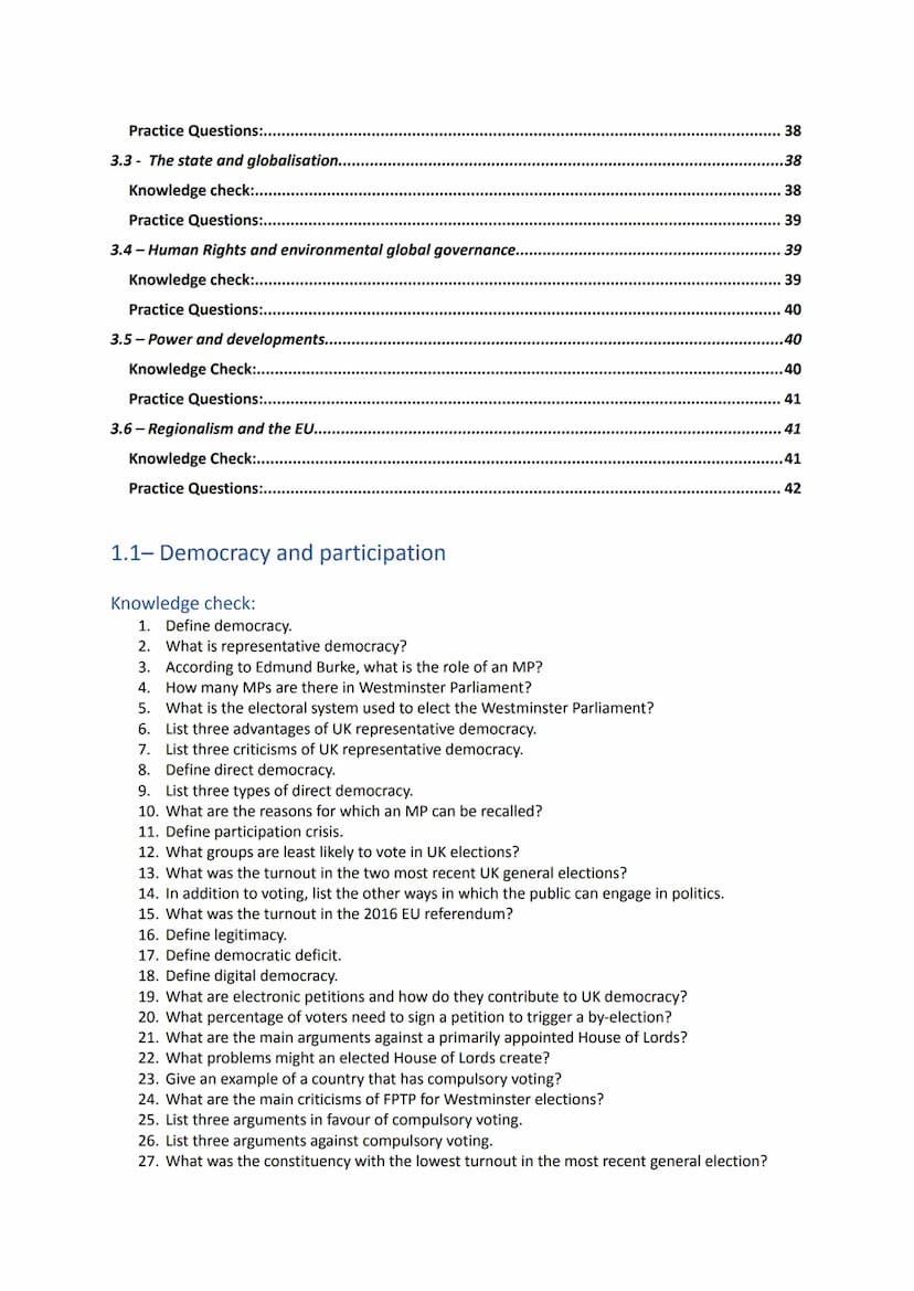 --- OCR Start ---
Table of Contents
..
..
1.1- Democracy and participation..
Knowledge check:......
1
Source Questions:.
2
Exam questions:..