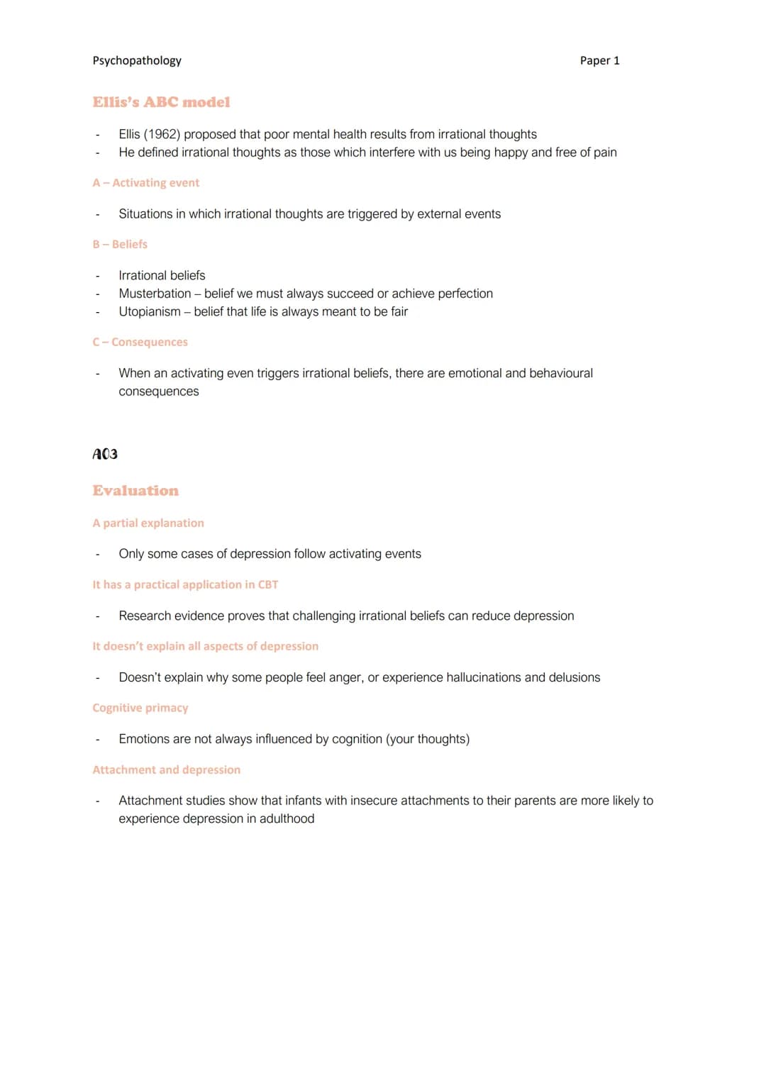 Psychopathology
A01
THE COGNITIVE APPROACH TO EXPLAINING DEPRESSION
Beck's cognitive theory of depression
Beck (1967) suggested a cognitive 