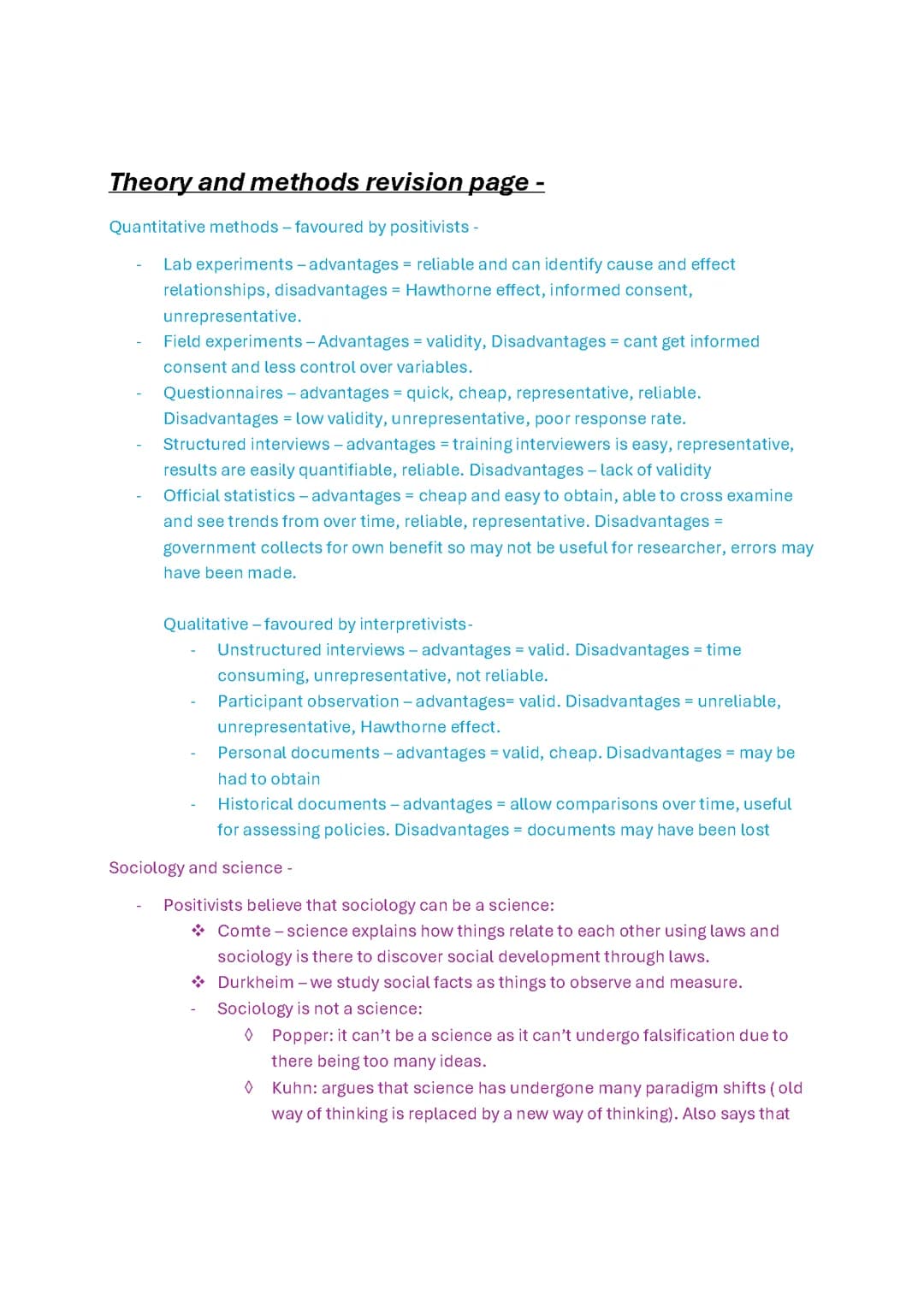 AQA - A-Level - Theory and Methods sociology